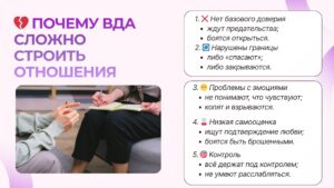💔 Почему ВДА сложно строить отношения 1. Нет доверия Ожидание боли и предательства. 2. Нарушены границы Либо спасают, либо закрываются. 3. Проблемы с эмоциями Не понимают, что чувствуют. 4. Низкая самооценка Постоянная потребность в подтверждении любви. 5. Контроль Невозможно расслабиться.